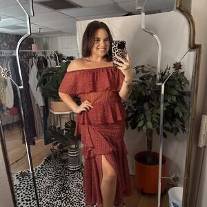 Misa Lina Tiered Ruffle Off The Shoulder Midi Dress Maroon Size XS